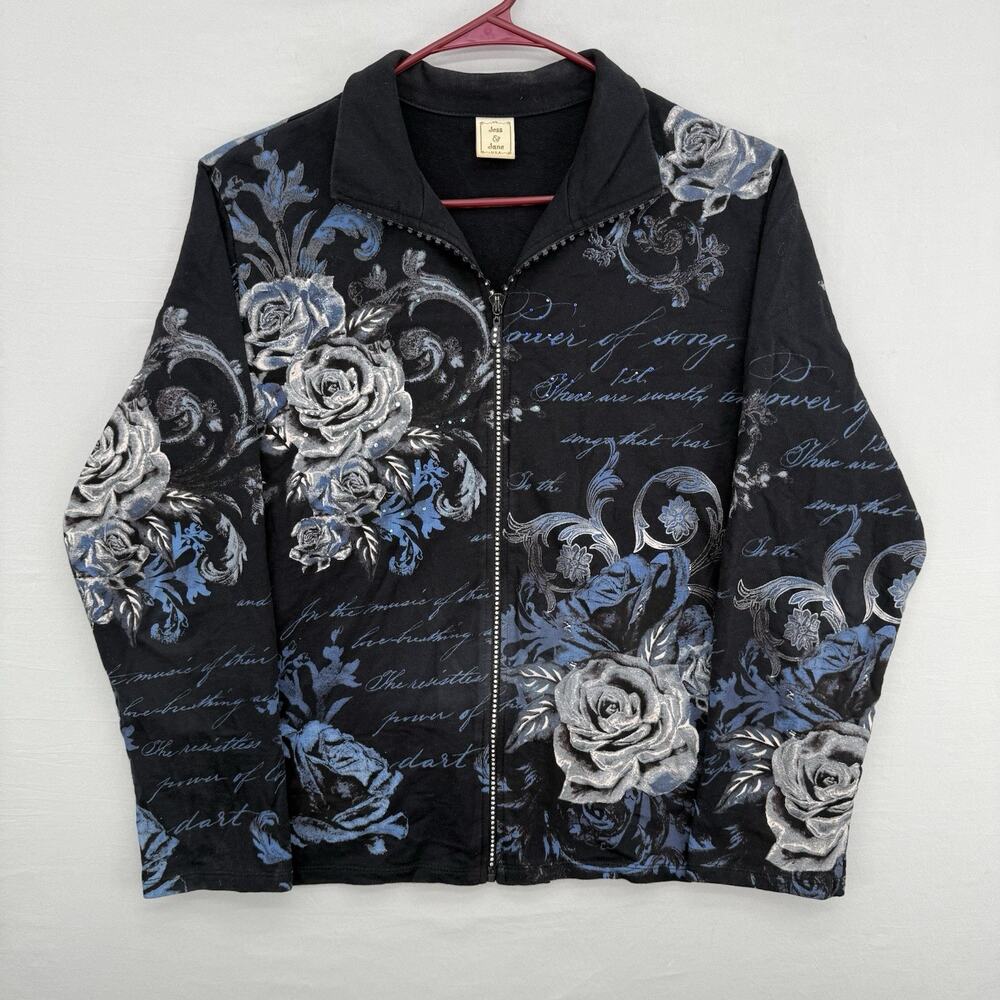 Vintage Jess & Jane Womens X-Large XL Jacket Floral Blue Rose Rhinestone Zipper